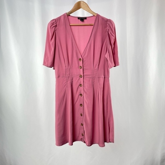 Something Navy Button Pleated Short Sleeve Flared Mini Dress In Dusty Pink Small - Picture 2 of 8